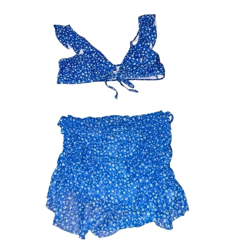 Blue Floral Bikini + Matching Skirt Set